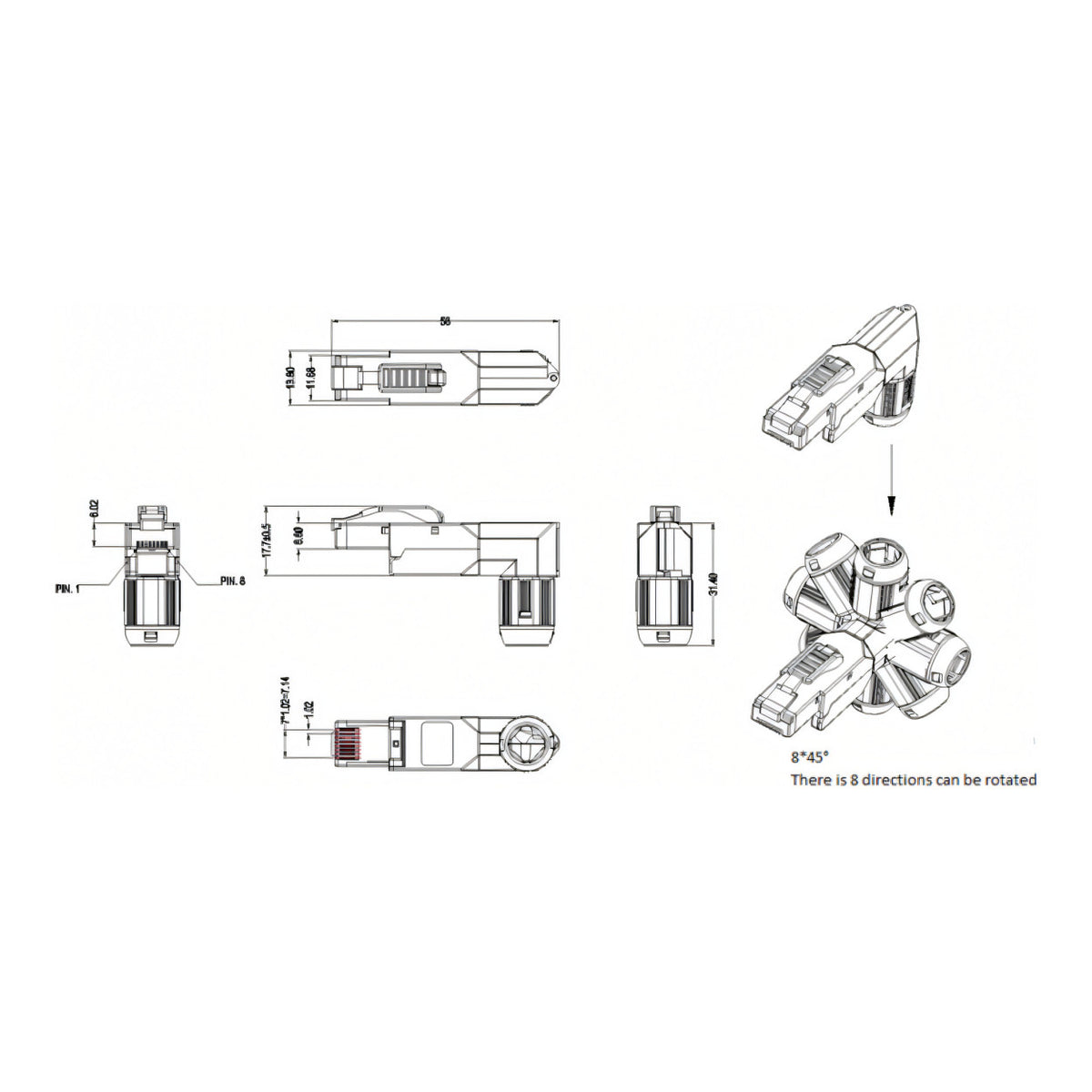 LinkQnet CAT8 Shielded Field Plug with 90-Degree Adapter NET-CAT8-SH-ANGLECON