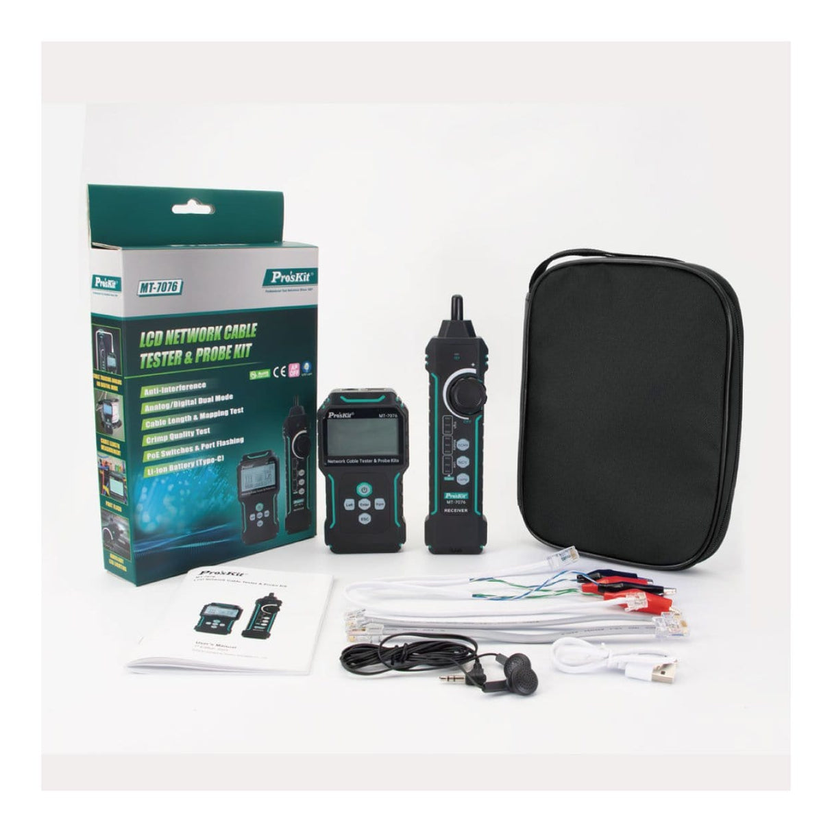 Pro'sKit MT-7076 LCD PoE Network Cable Tester and Probe Kit