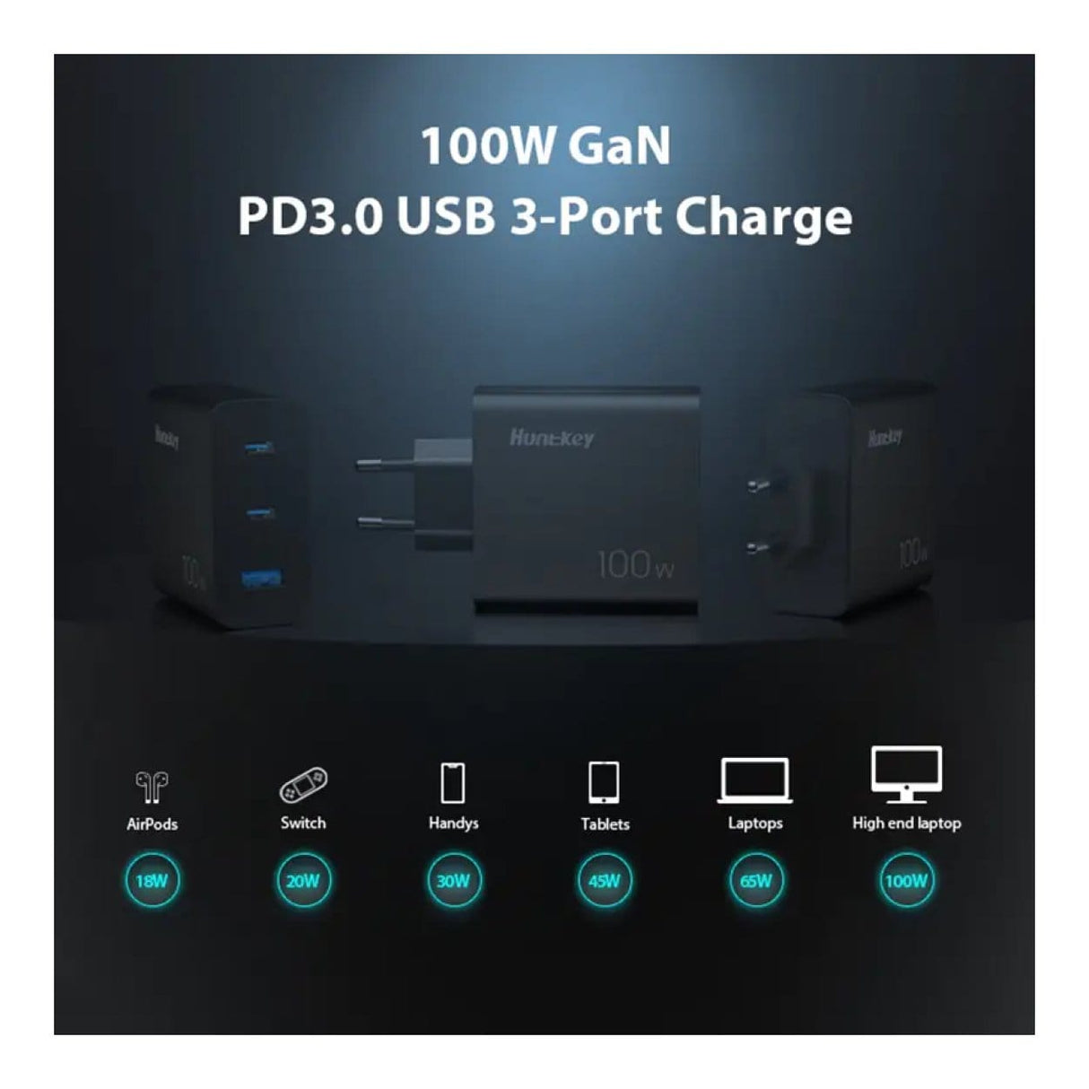 Huntkey 100W GNAN Tri-Port Fast Charger P11-10020DF02R