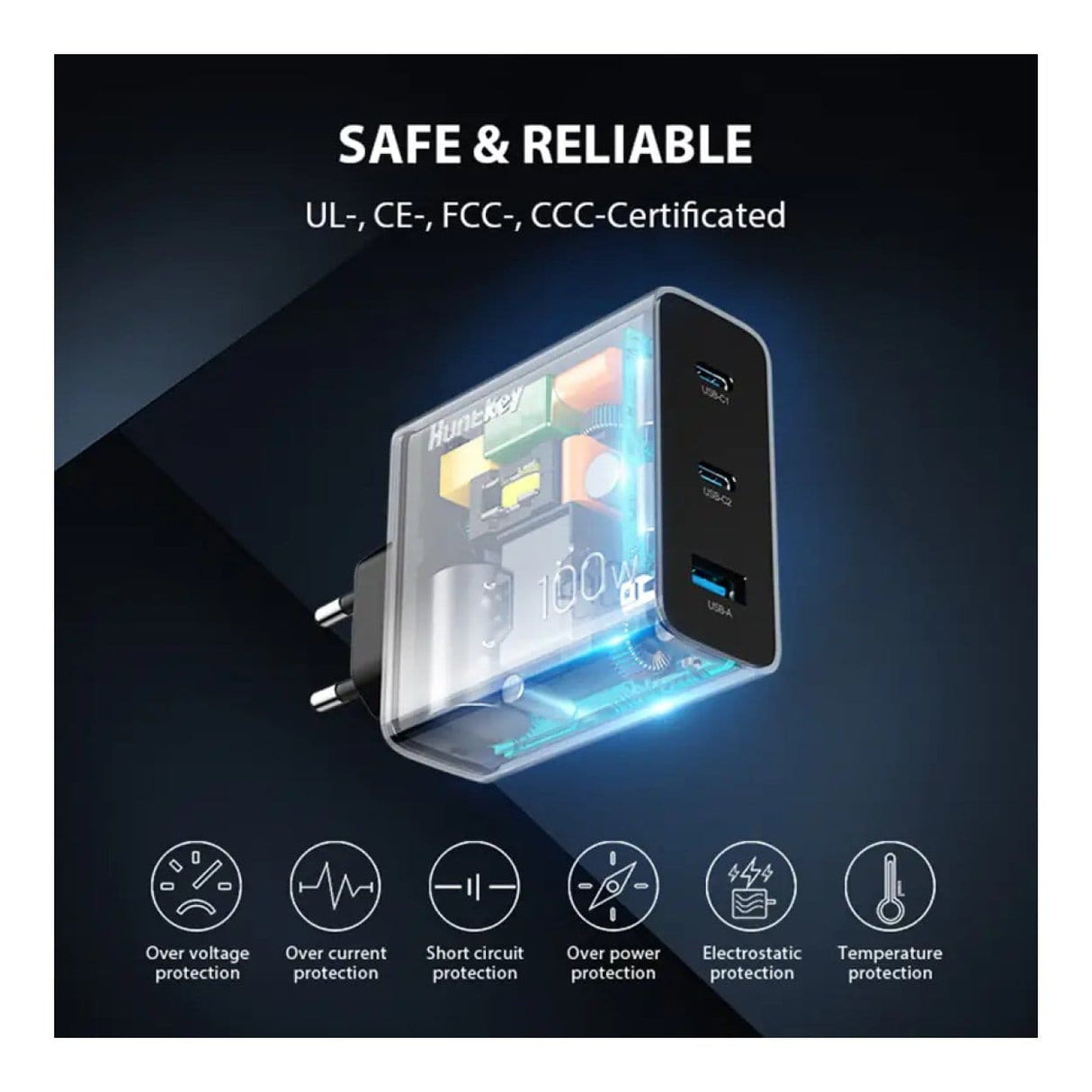 Huntkey 100W GNAN Tri-Port Fast Charger P11-10020DF02R