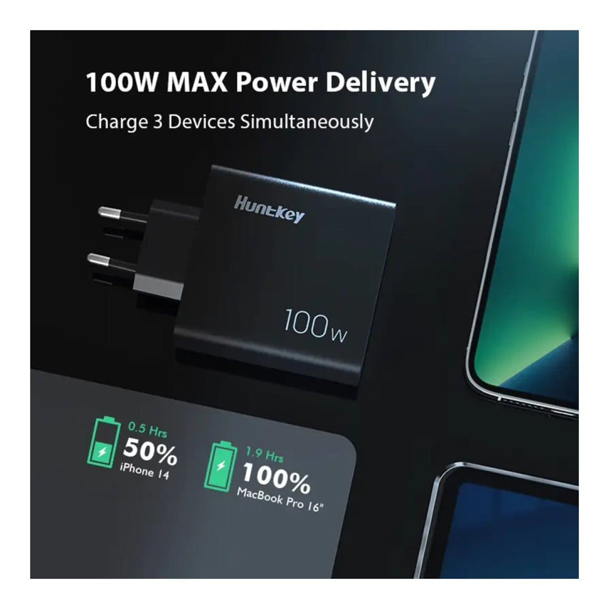 Huntkey 100W GNAN Tri-Port Fast Charger P11-10020DF02R