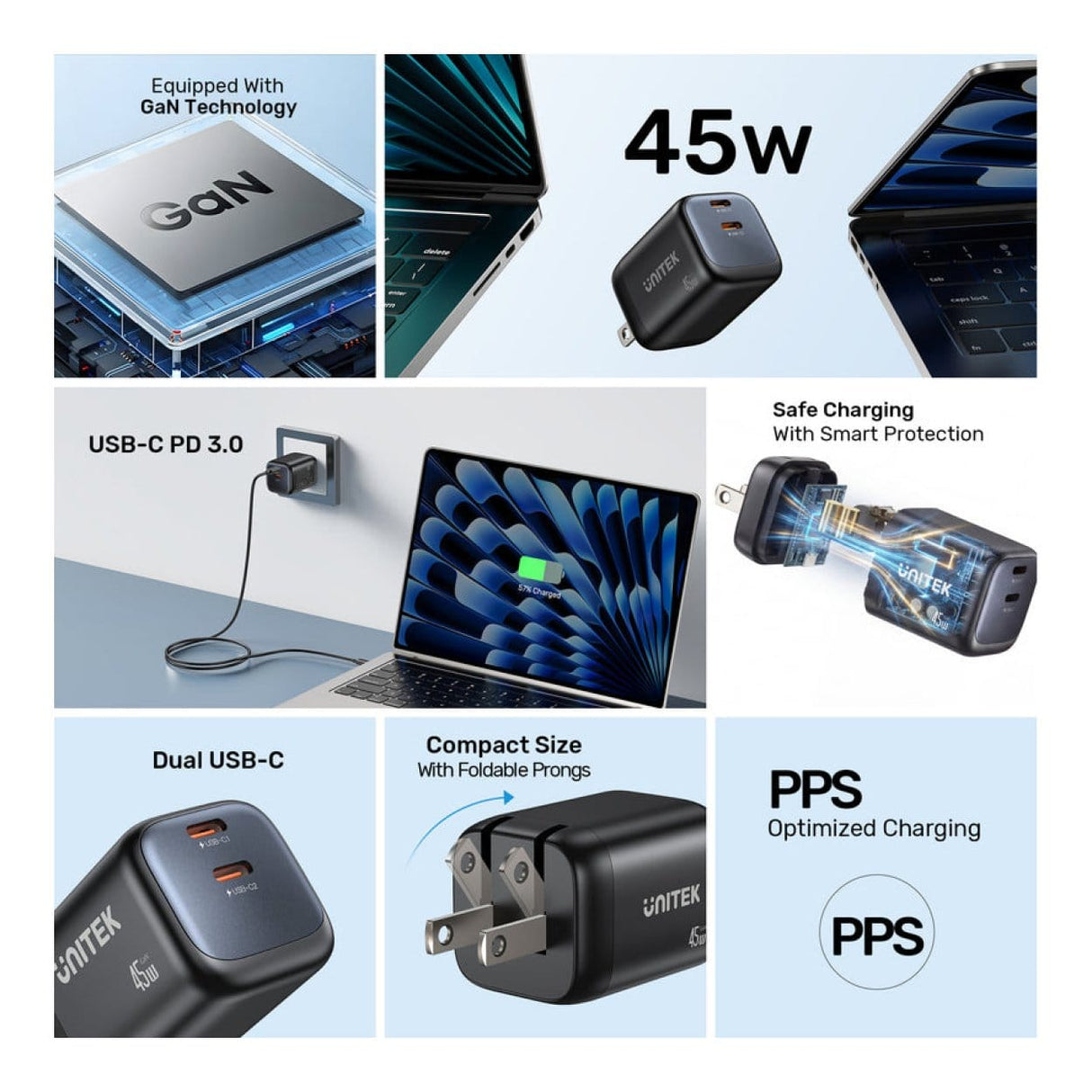 Unitek Zeno 45W 2-port GaN Wall Charger P1129ABK