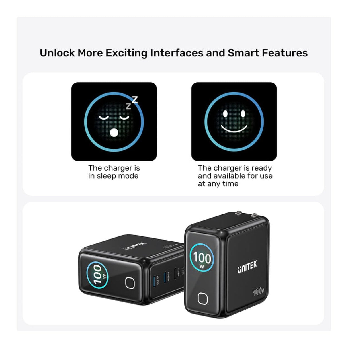 Unitek Rexo 100W 4-port GaN Charger with Smart Display P1131ABK-EU