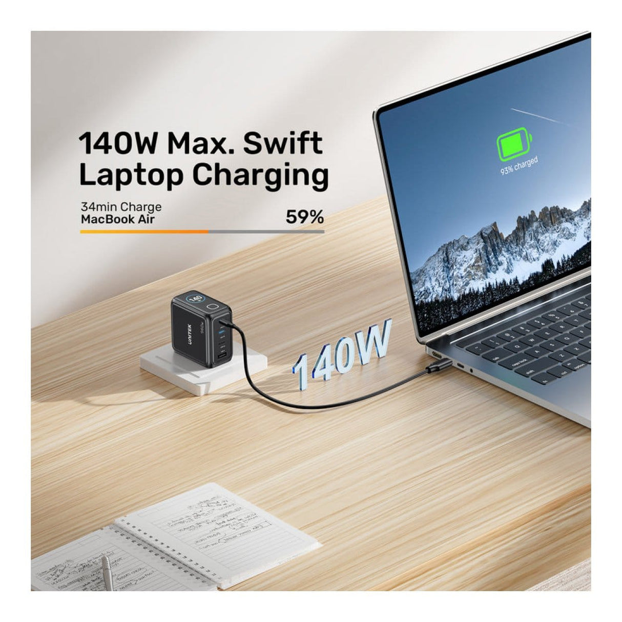Unitek Rexo 140W 4-port GaN Charger with Smart Display P1132ABK-EU