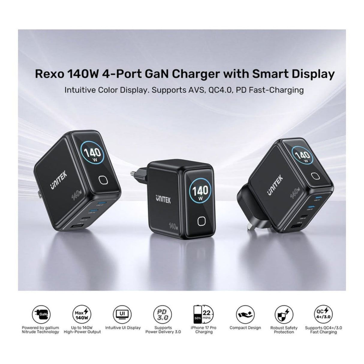 Unitek Rexo 140W 4-port GaN Charger with Smart Display P1132ABK-EU