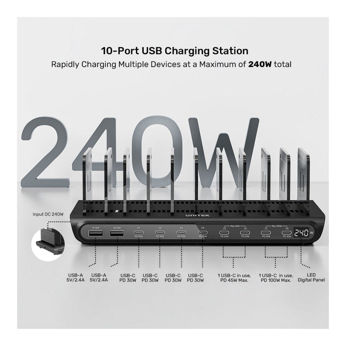 Unitek uCharge 10-port 240W USB Smart Charging Station P1230CBK01-UK