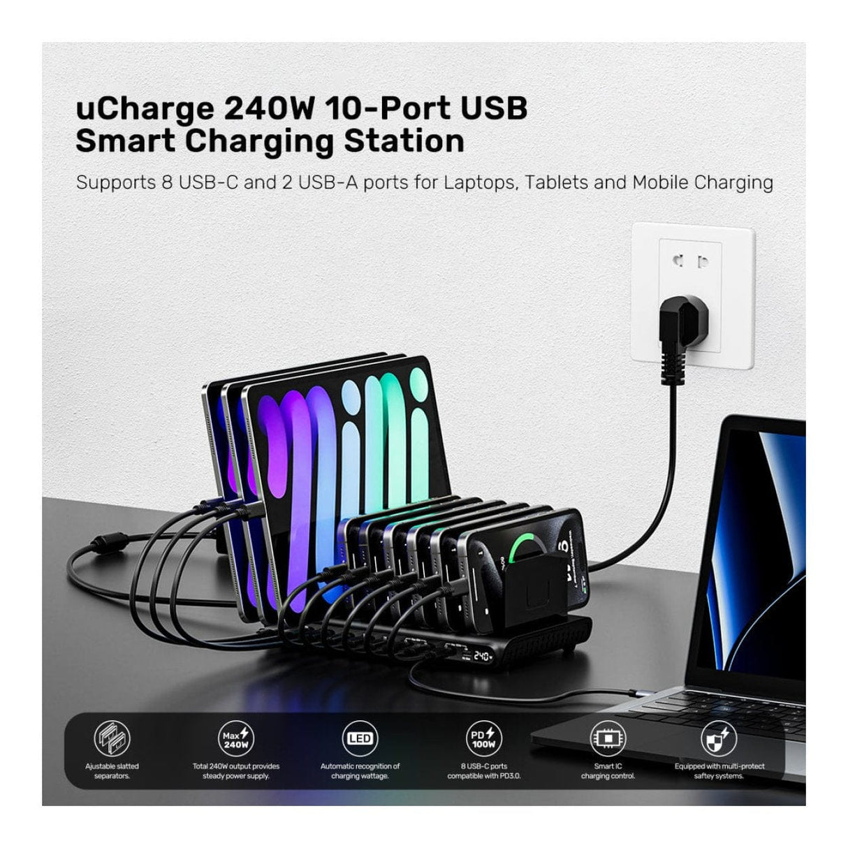 Unitek uCharge 10-port 240W USB Smart Charging Station P1230CBK01-UK