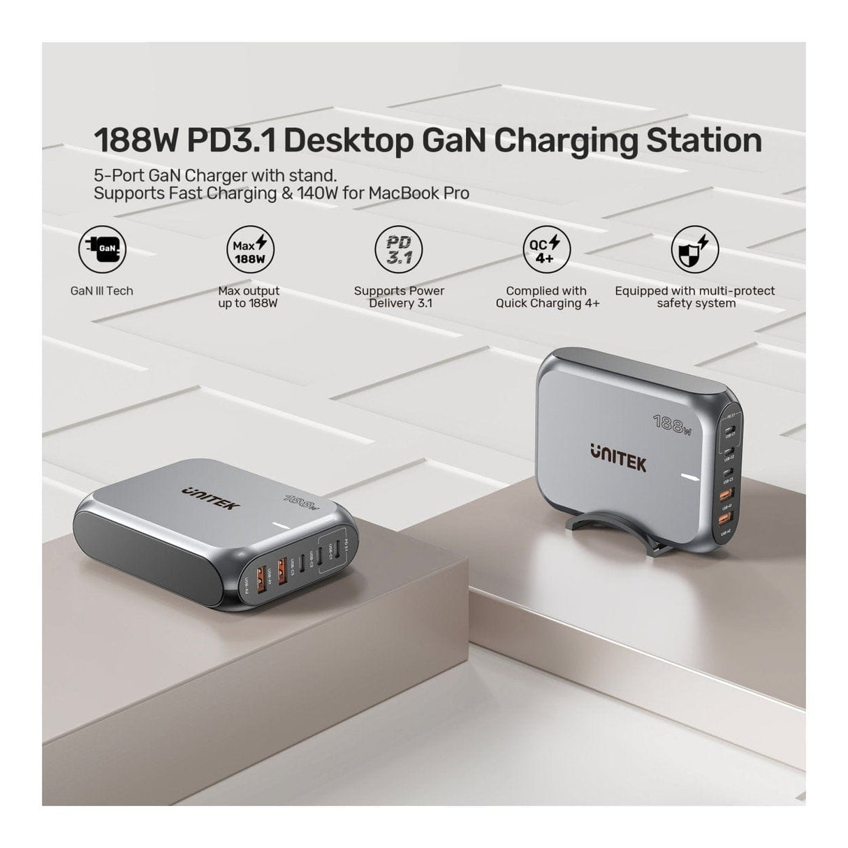 Unitek 188W 5-port PD3.1 Desktop GaN Charging Station P1234AGY01-UK