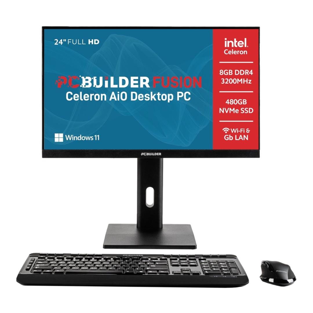PCBuilder FUSION 24-inch FHD All-in-One PC - Intel Celeron G6900 480GB SSD 8GB RAM Win 11 Home
