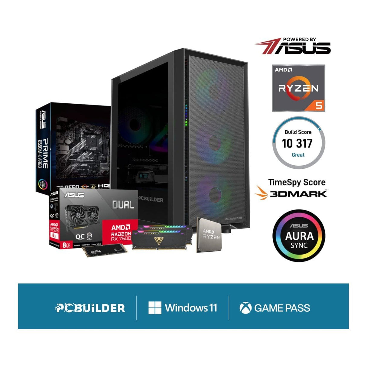 PCBuilder PATHFINDER Gaming Desktop PC - AMD Ryzen 5 5600X 1TB SSD 16GB RAM Radeon RX7600 Win 11 Home