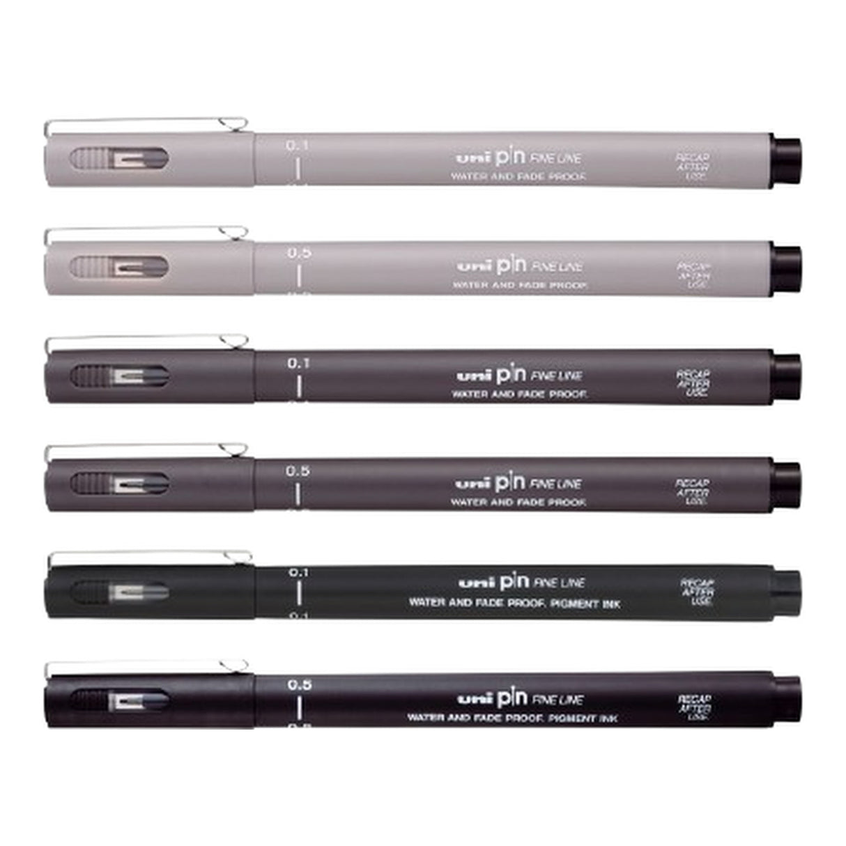 Uni-Ball UNI PIN-200(S) Drawing Pen Set - Grey and Black 6-pack PIN-SET6-GRYBLK