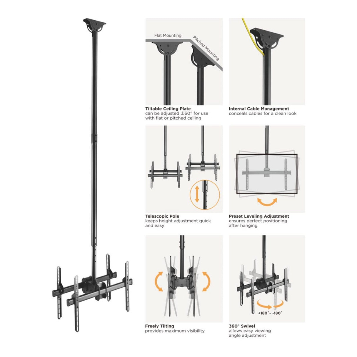 LinkQnet 37 tot 70-inch 45KG x2 Telescopic Height Adjust Ceiling Mount Bracket Black PLB-CE946-01LD