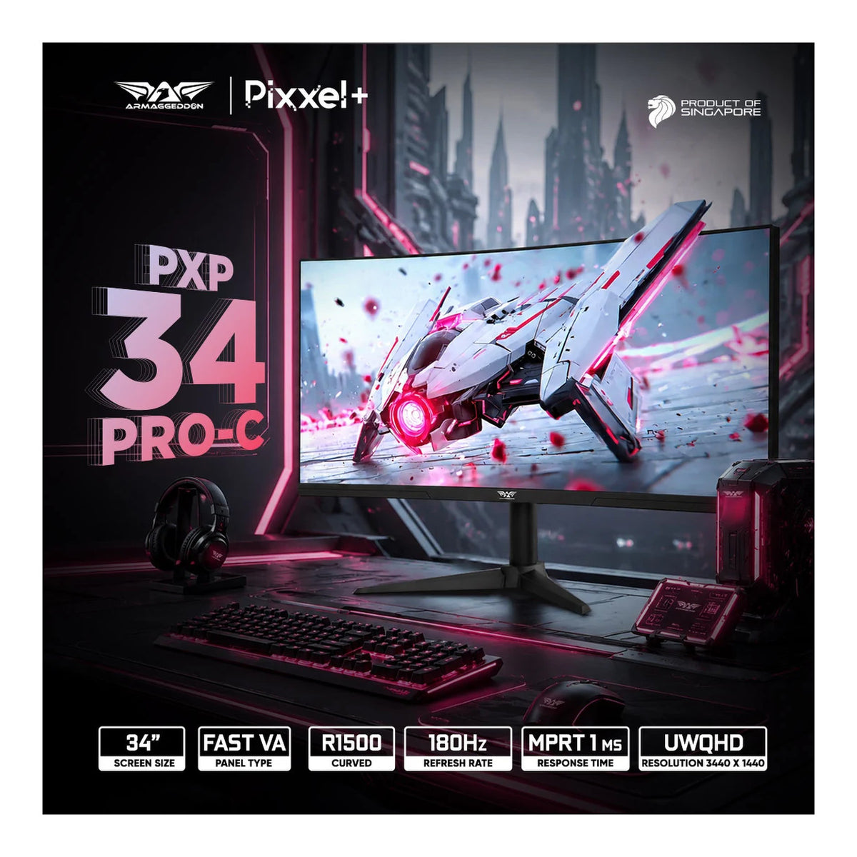 Armaggeddon Pixxel+ PXP34 Pro-C 34-inch 3440 x 1440p UWQHD 21:9 180Hz 1ms LCD VA Curved Gaming Monitor PXP34PROCBLK
