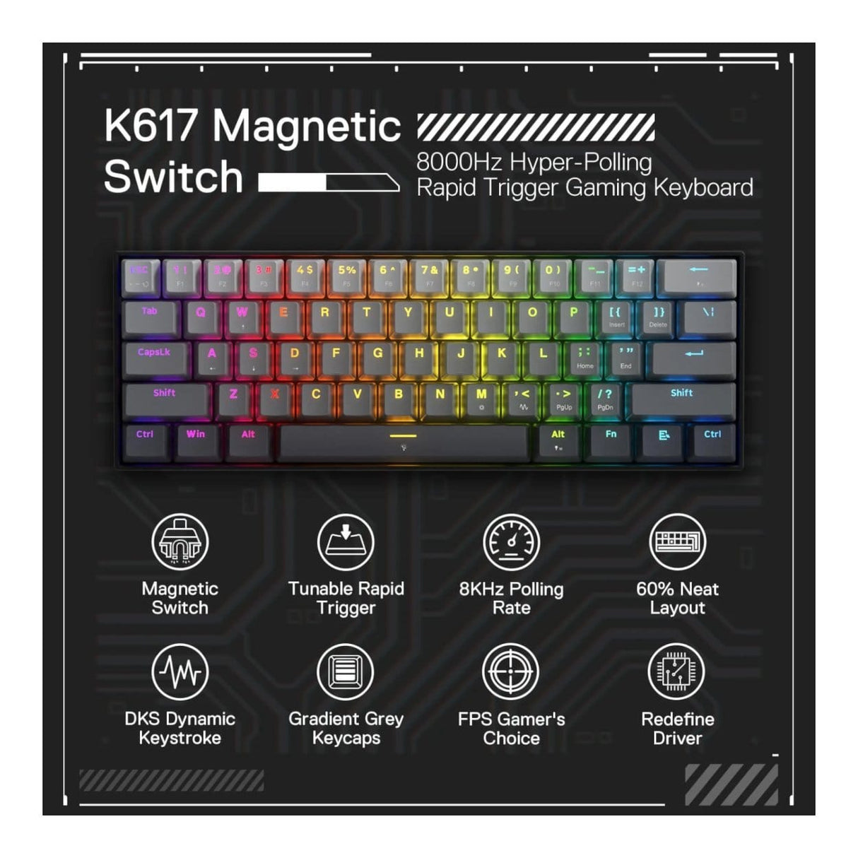 Redragon K617 Fizz Rapid Trigger Magnet Hall Switch Wired RGB Gaming Keyboard RD-K617GGB-RGB-M