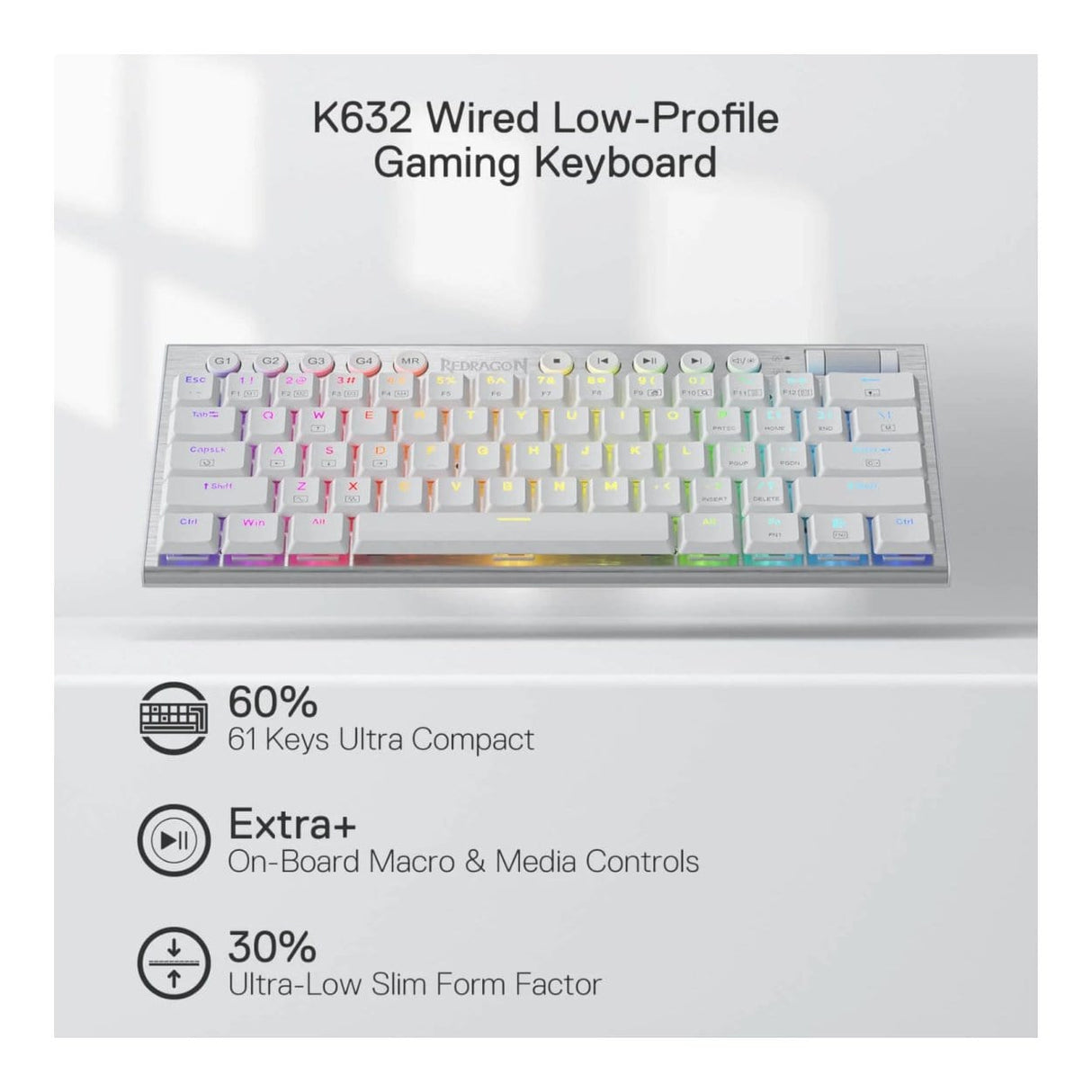 Redragon K632 Horus Mini RGB Wired Gaming Keyboard White RD-K632W-RGB