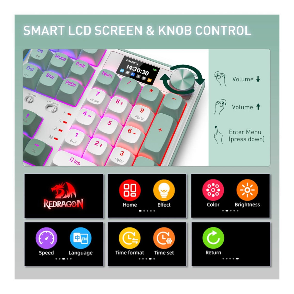 Redragon K761 Pro Full-size RGB Wireless Mechanical Gaming Keyboard White and Green RD-K761WG-RGB-PRO