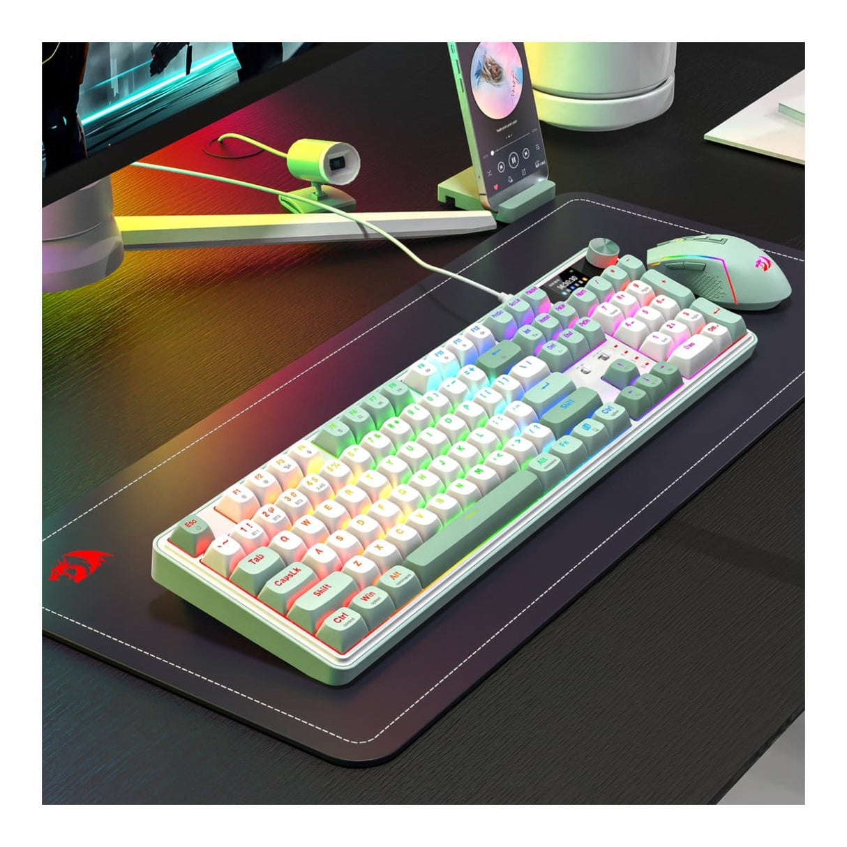 Redragon K761 Pro Full-size RGB Wireless Mechanical Gaming Keyboard White and Green RD-K761WG-RGB-PRO