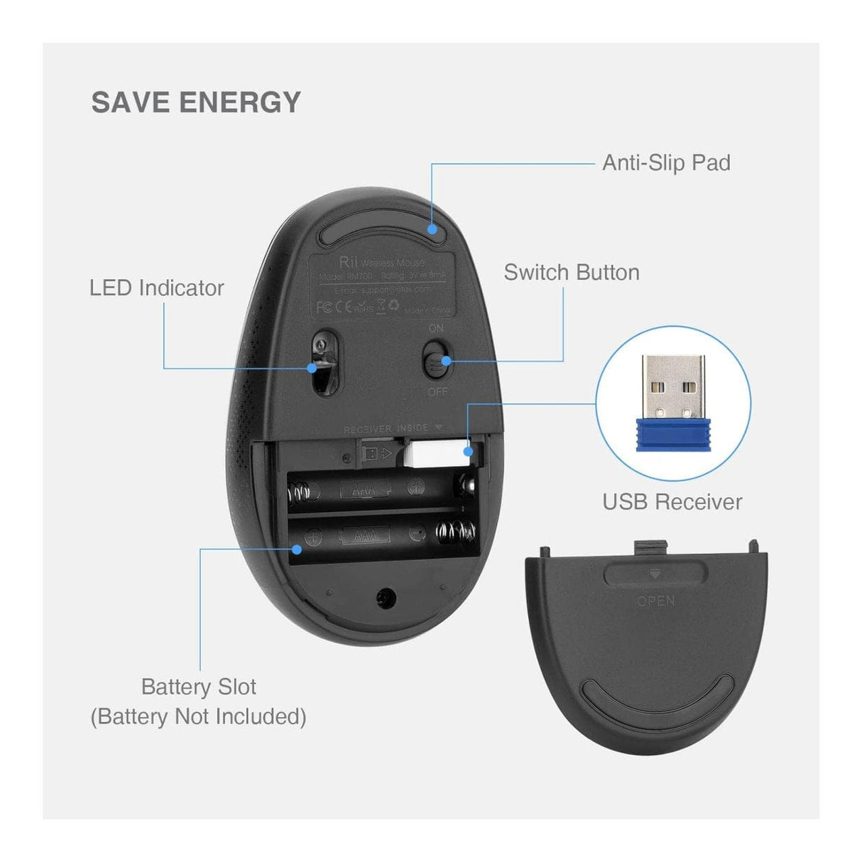RII RM700-BLK Silent 2.4G Wireless Mouse Black