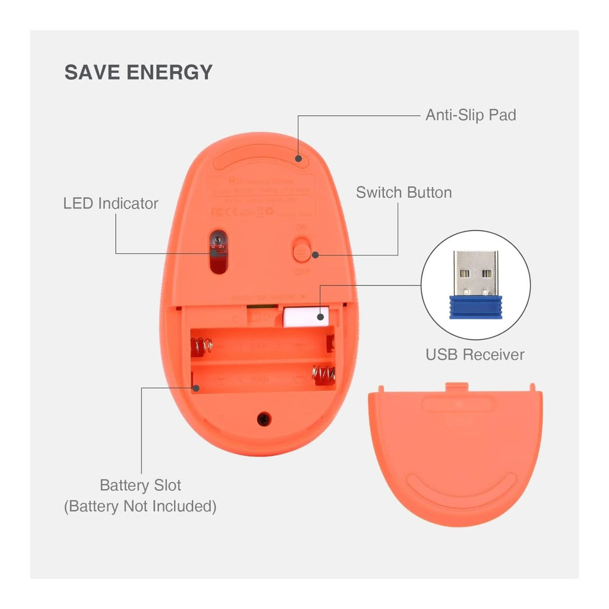 Rii RM700 Soft Click Wireless Mouse with Nano USB Receiver Orange RM700-ORN