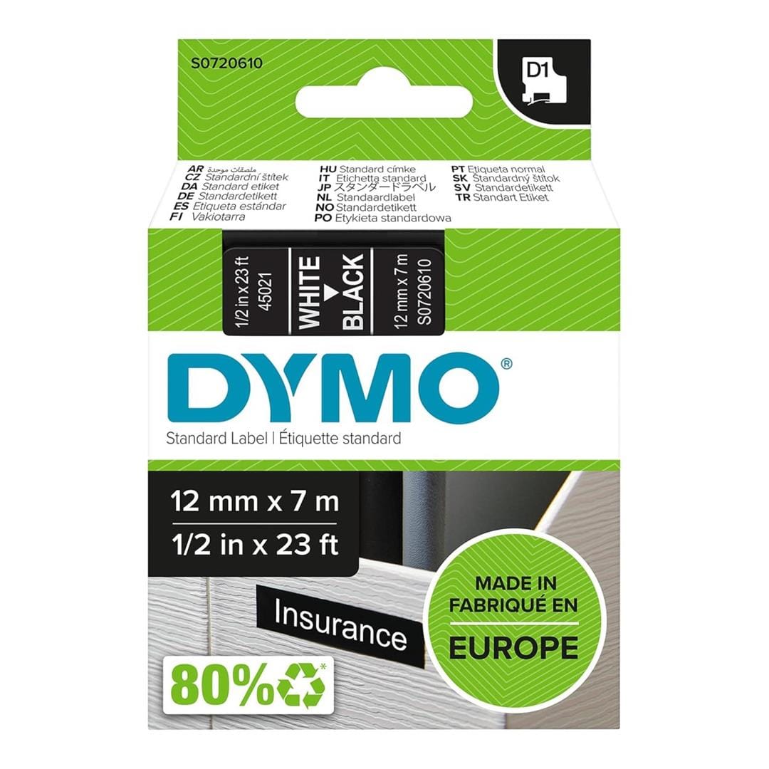 Dymo D1 Standard White On Black Label Cassette 12mmx7m S0720610