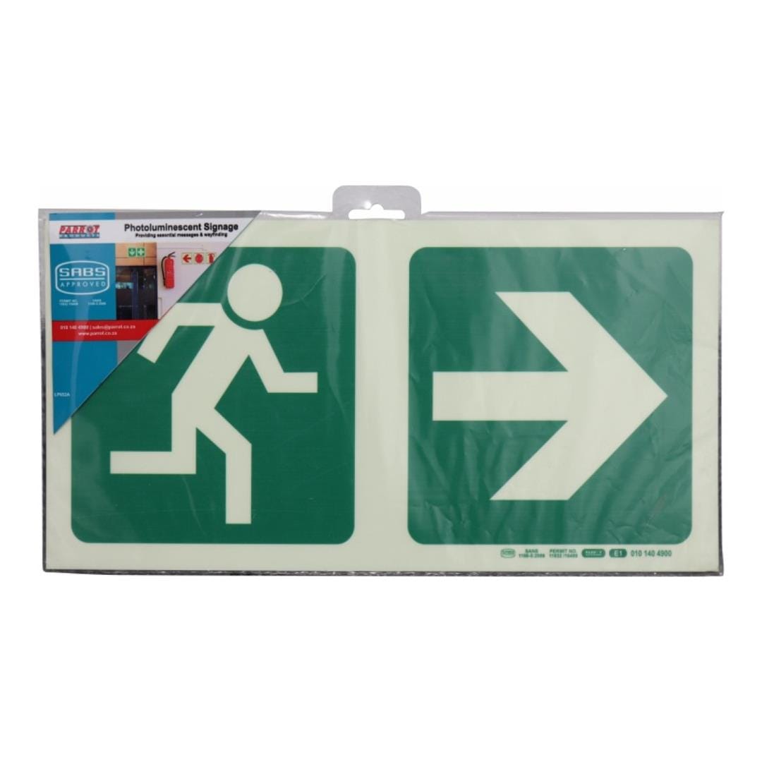 Parrot Photoluminescent 190mm Safety Sign E1 Running Man and Arrow Right SNP19E1