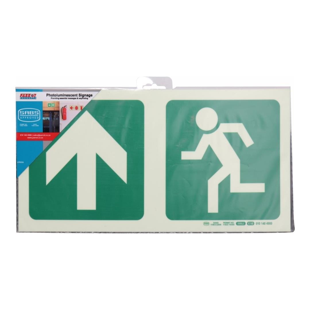 Parrot Photoluminescent 190mm Safety Sign E10 Arrow Up and Running Man SNP19E10