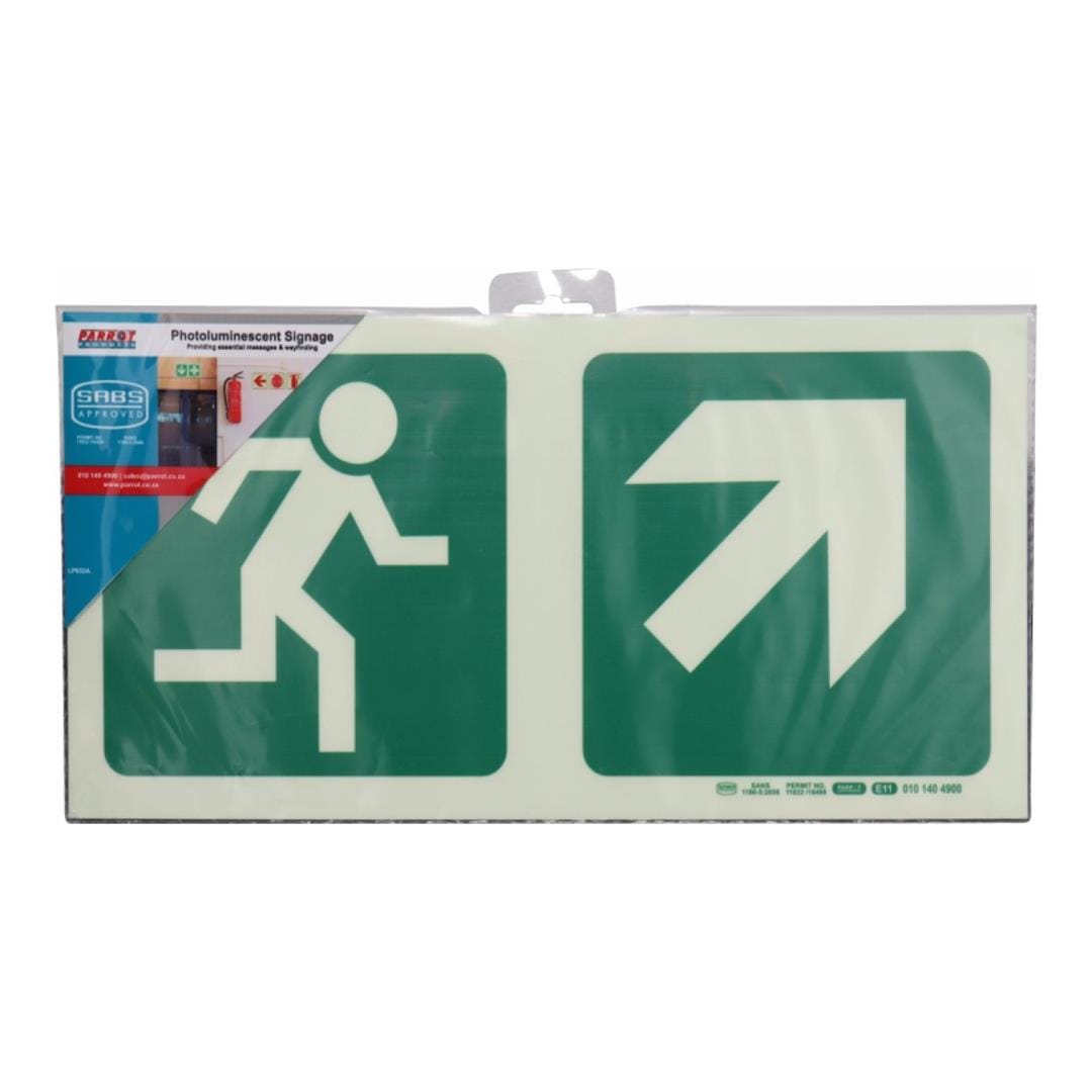 Parrot Photoluminescent 190mm Safety Sign E11 Running Man and Diagonal Arrow Up And Right SNP19E11