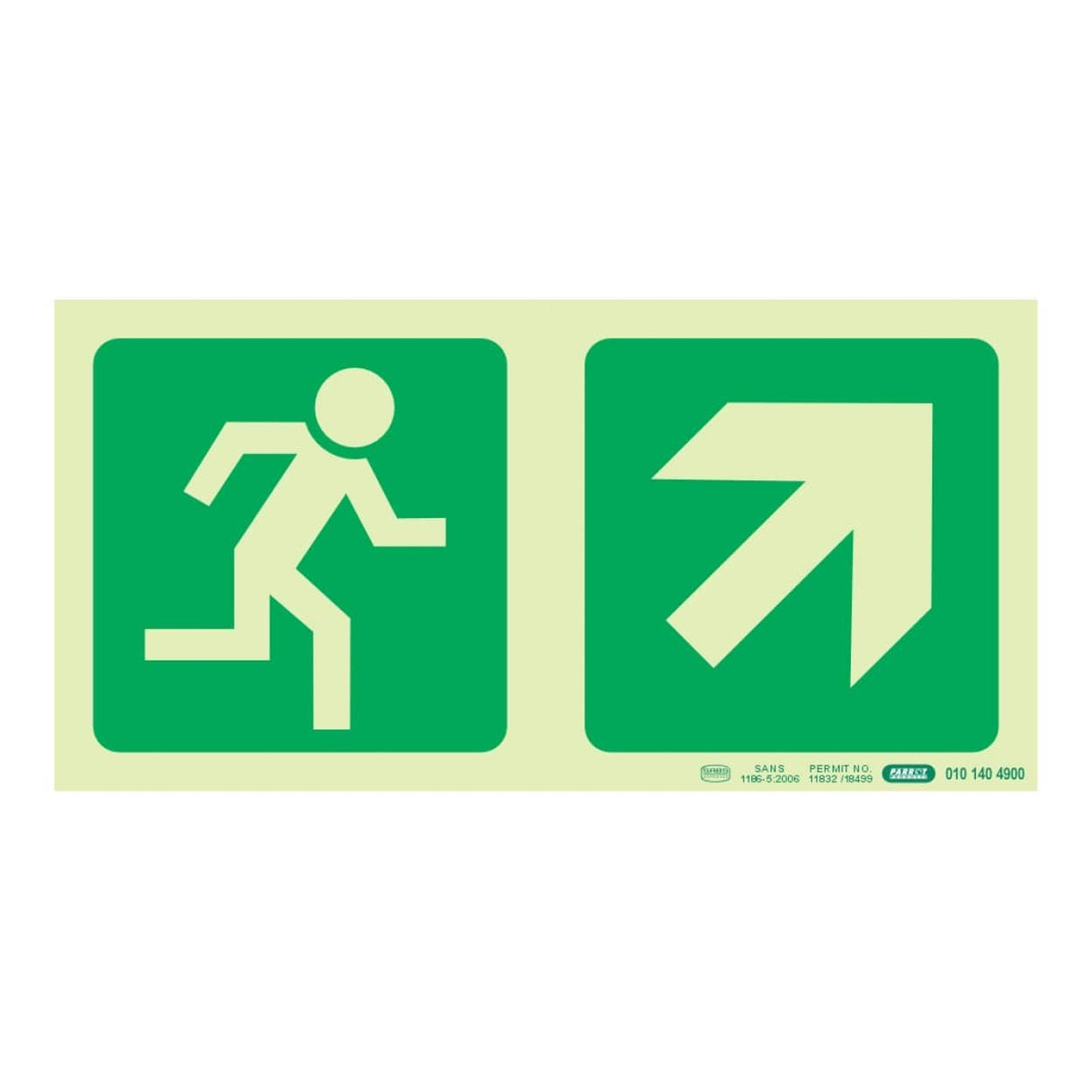Parrot Photoluminescent 190mm Safety Sign E11 Running Man and Diagonal Arrow Up And Right SNP19E11