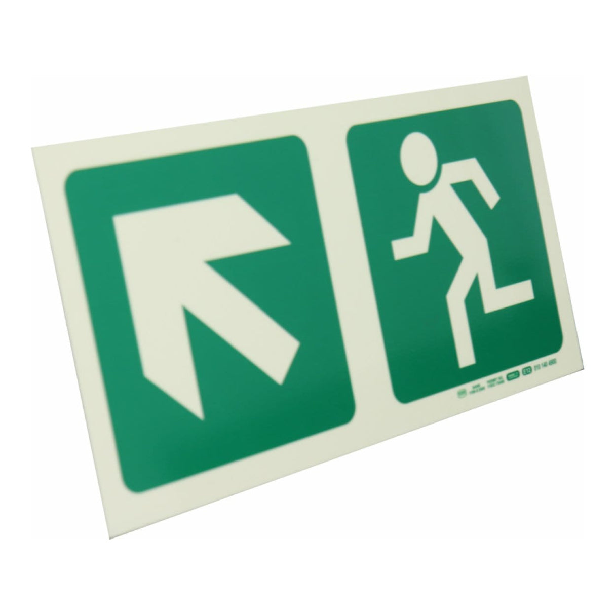 Parrot Photoluminescent 190mm Safety Sign E12 Diagonal Arrow Up And Left and Running Man SNP19E12