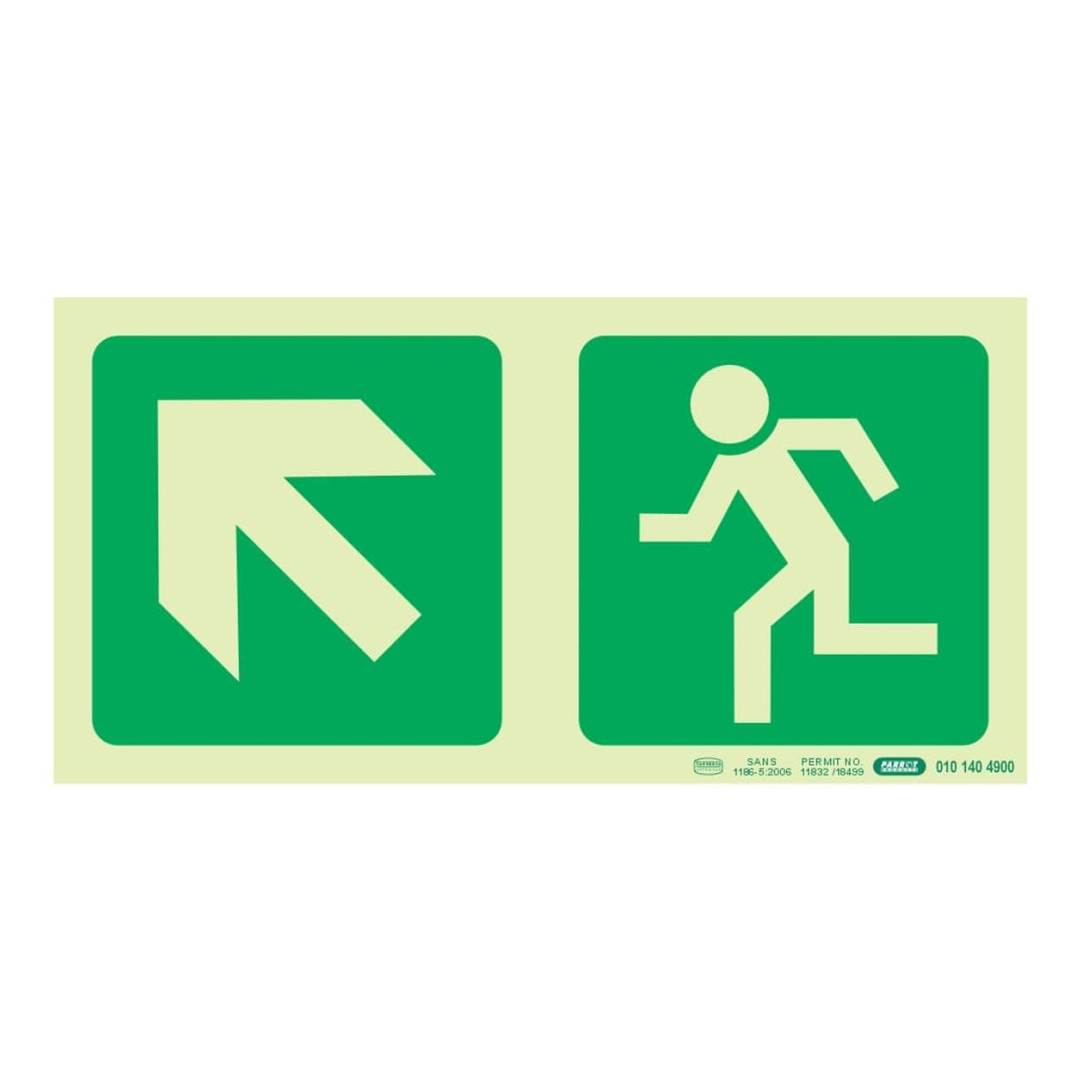 Parrot Photoluminescent 190mm Safety Sign E12 Diagonal Arrow Up And Left and Running Man SNP19E12