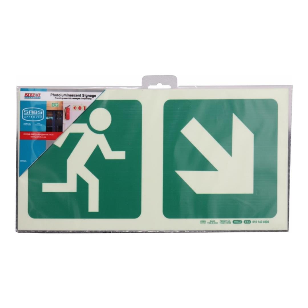 Parrot Photoluminescent 190mm Safety Sign E13 Running Man and Diagonal Arrow Down And Right SNP19E13