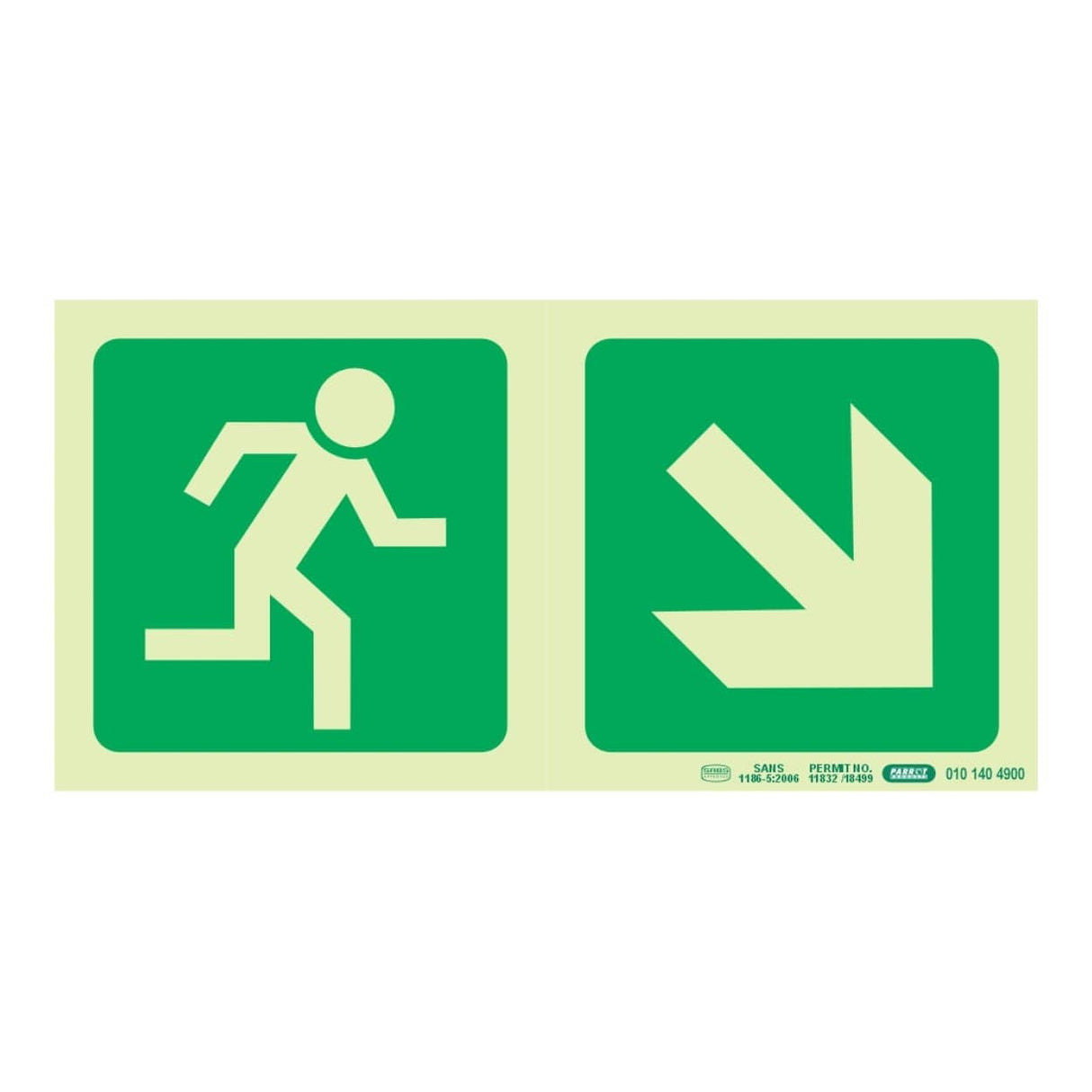 Parrot Photoluminescent 190mm Safety Sign E13 Running Man and Diagonal Arrow Down And Right SNP19E13