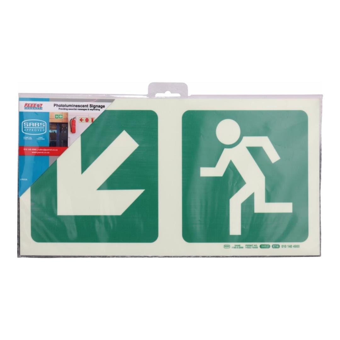 Parrot Photoluminescent 190mm Safety Sign E14 Diagonal Arrow Down And Left and Running Man SNP19E14