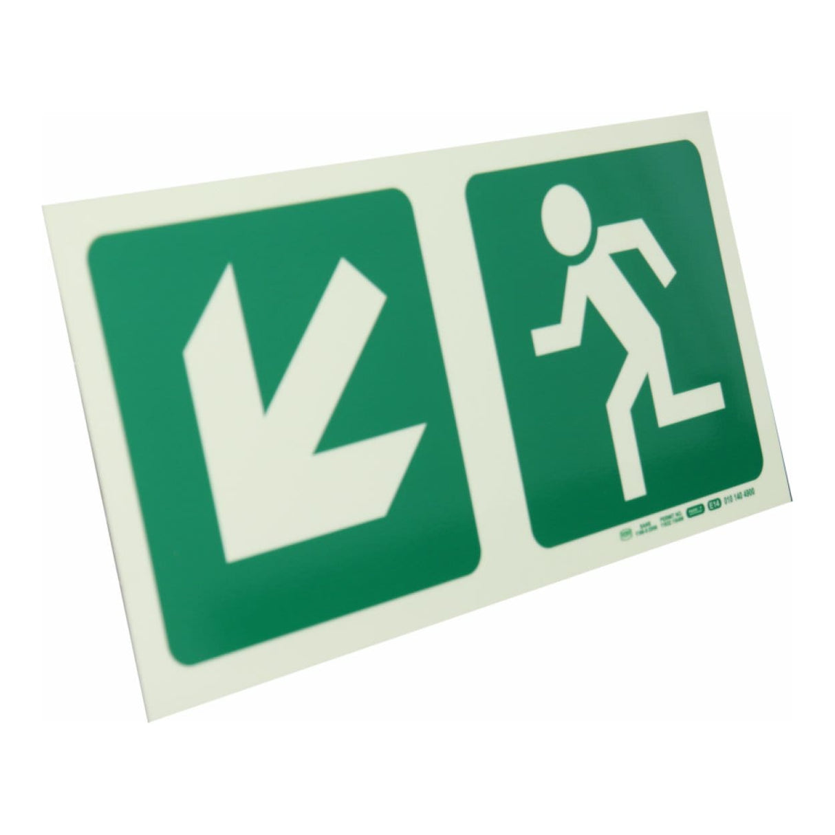 Parrot Photoluminescent 190mm Safety Sign E14 Diagonal Arrow Down And Left and Running Man SNP19E14
