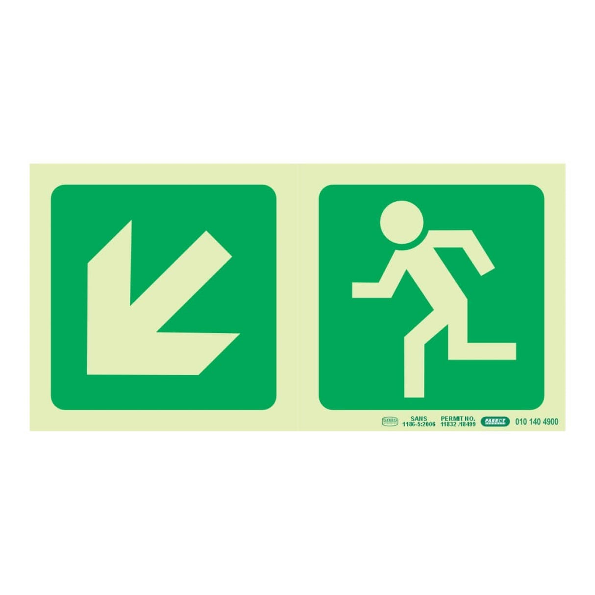 Parrot Photoluminescent 190mm Safety Sign E14 Diagonal Arrow Down And Left and Running Man SNP19E14