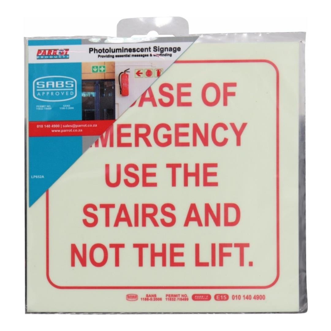 Parrot Photoluminescent 190mm Safety Sign E15 In Case Of Emergency Use The Stairs And Not The Lift SNP19E15