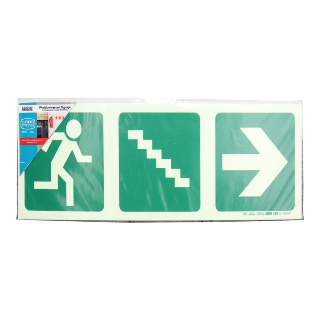 Parrot Photoluminescent 190mm Safety Sign E16 Running Man and Stairs Going Down and Arrow Right SNP19E16