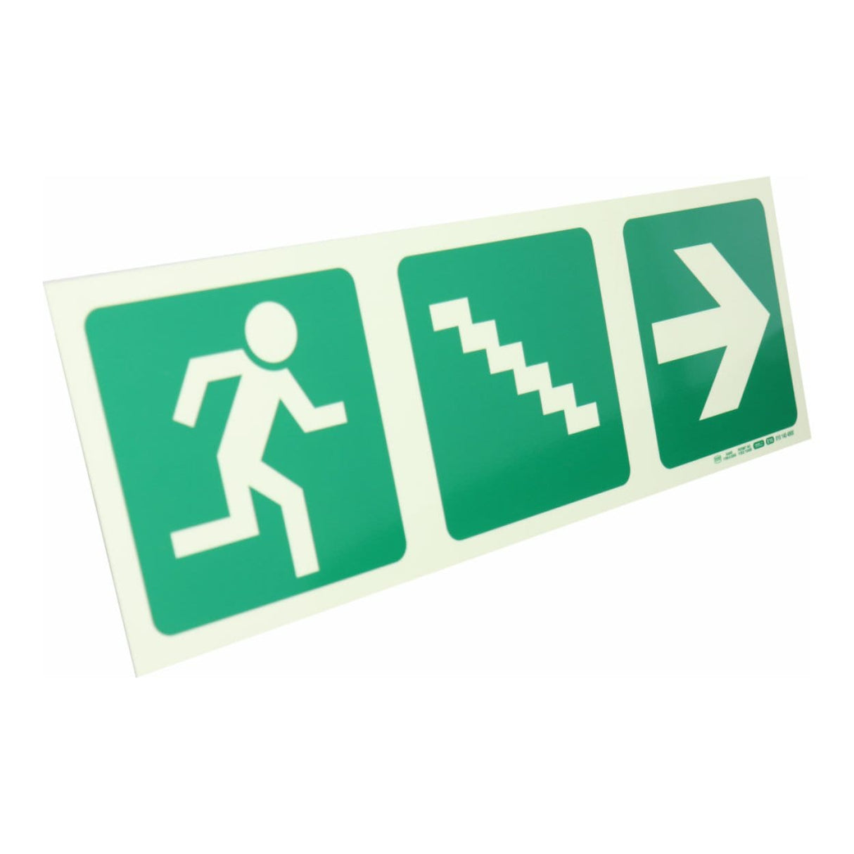 Parrot Photoluminescent 190mm Safety Sign E16 Running Man and Stairs Going Down and Arrow Right SNP19E16