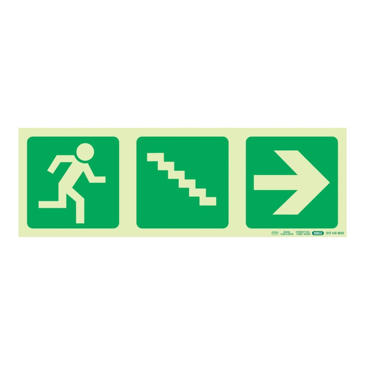 Parrot Photoluminescent 190mm Safety Sign E16 Running Man and Stairs Going Down and Arrow Right SNP19E16