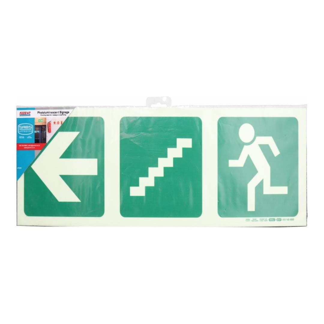 Parrot Photoluminescent 190mm Safety Sign E17 Arrow Left and Stairs Going Down and Running Man SNP19E17