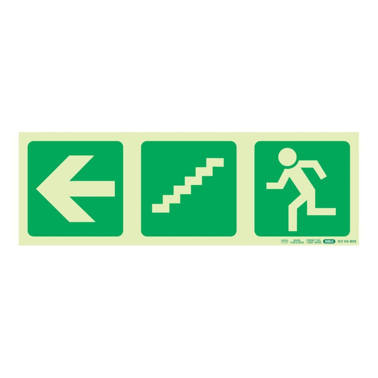 Parrot Photoluminescent 190mm Safety Sign E17 Arrow Left and Stairs Going Down and Running Man SNP19E17