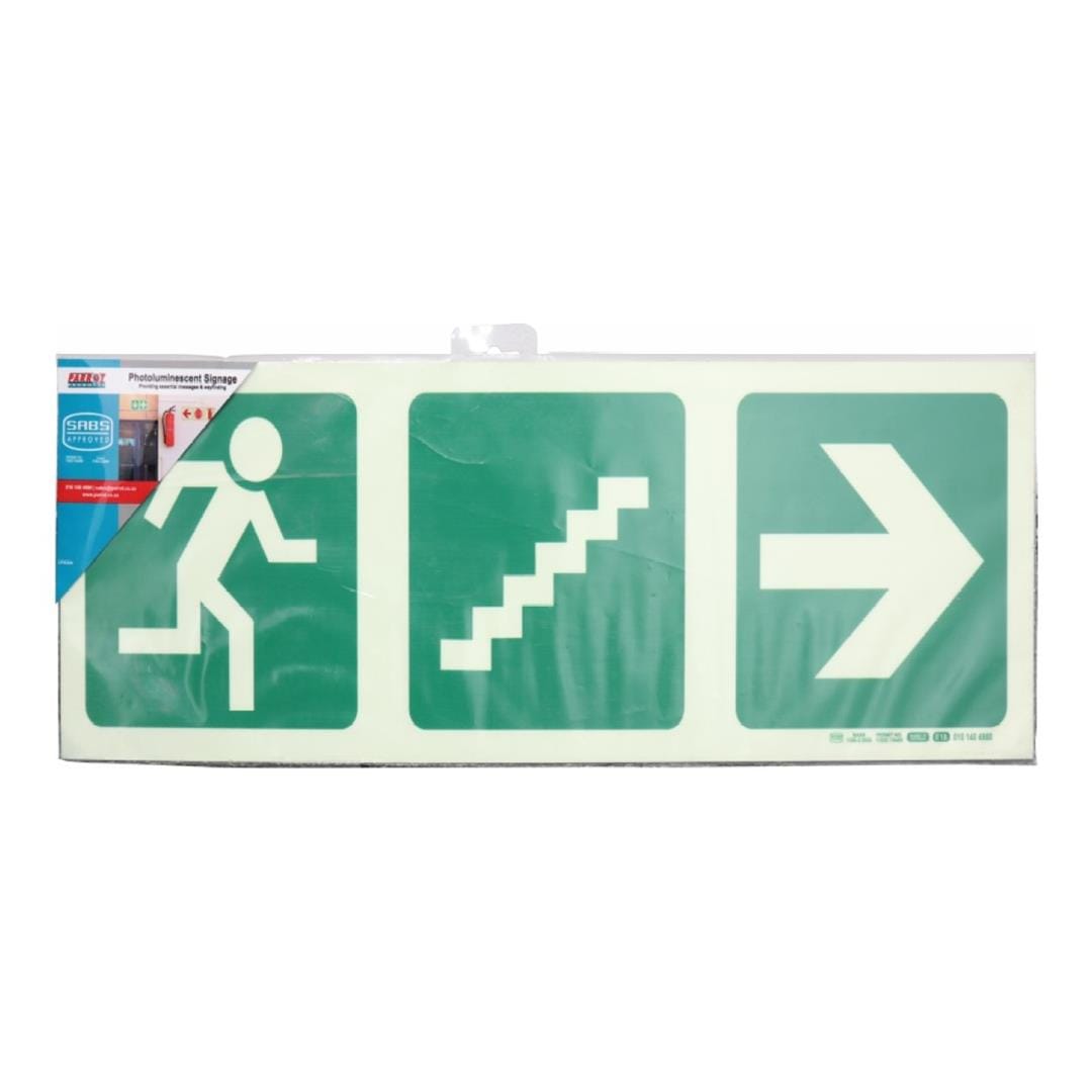 Parrot Photoluminescent 190mm Safety Sign E18 Running Man and Stairs Going Up and Arrow Right SNP19E18
