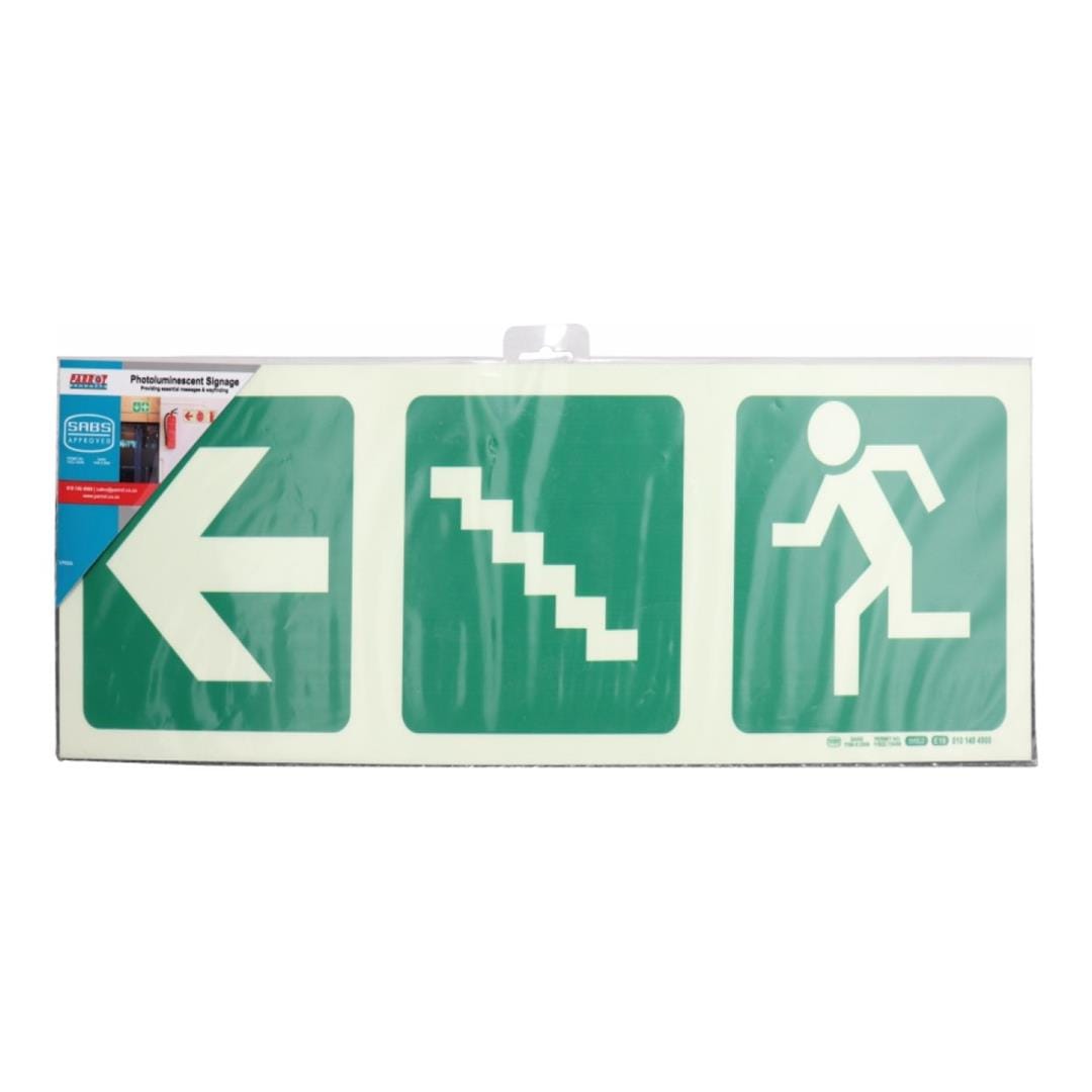 Parrot Photoluminescent 190mm Safety Sign E19 Arrow Left and Stairs Going Up and Running Man SNP19E19