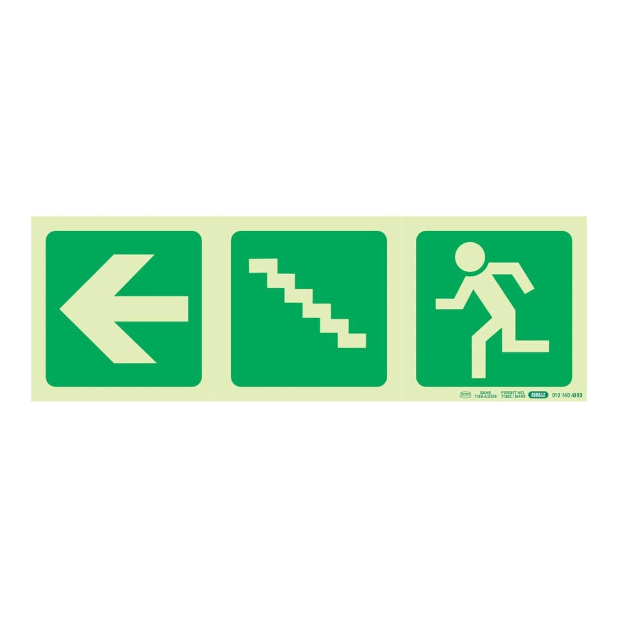 Parrot Photoluminescent 190mm Safety Sign E19 Arrow Left and Stairs Going Up and Running Man SNP19E19