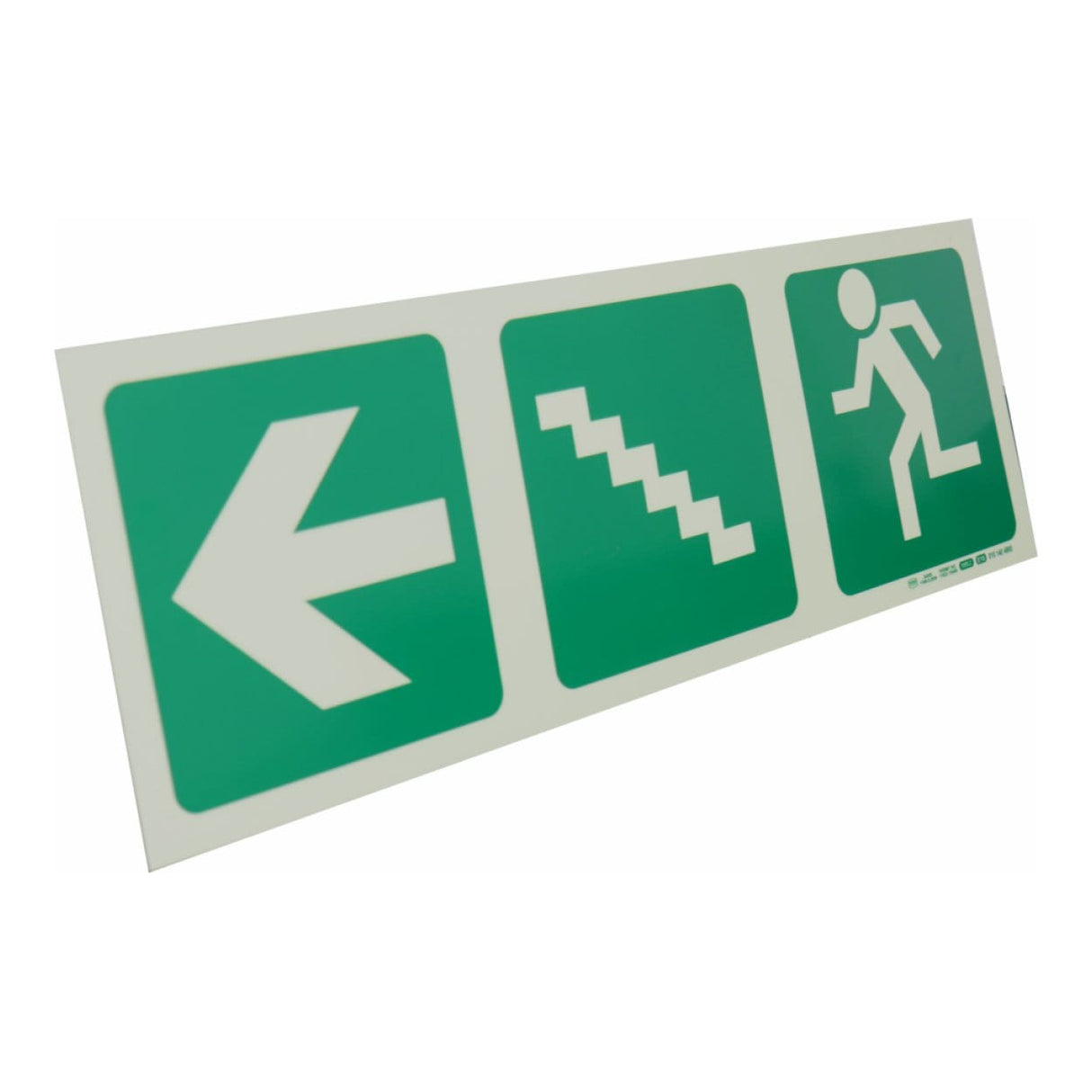 Parrot Photoluminescent 190mm Safety Sign E19 Arrow Left and Stairs Going Up and Running Man SNP19E19