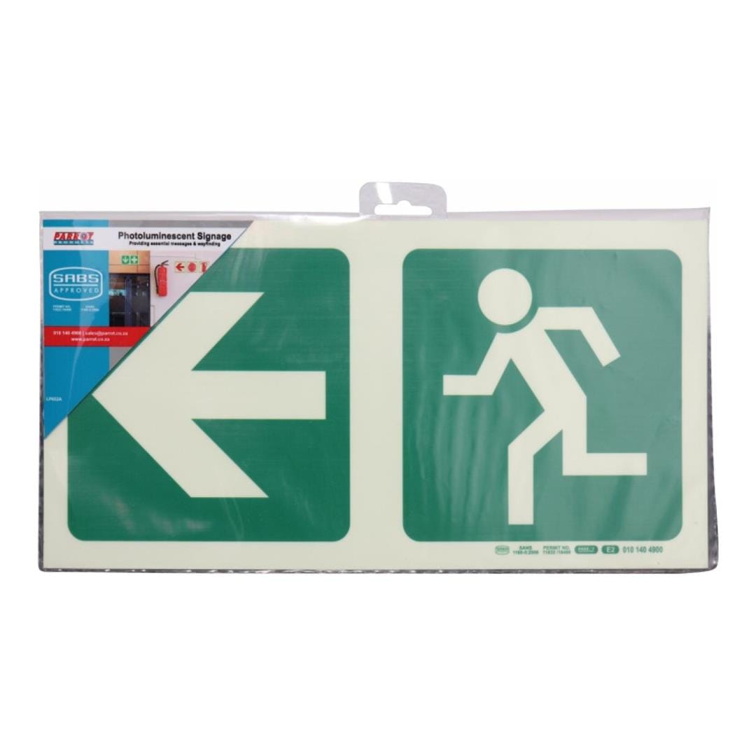 Parrot Photoluminescent 190mm Safety Sign E2 Arrow Left and Running Man SNP19E2