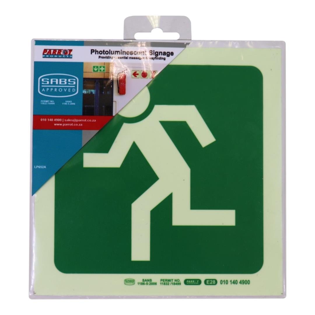 Parrot Photoluminescent 190mm Safety Sign E28 Running Man Facing Left SNP19E28
