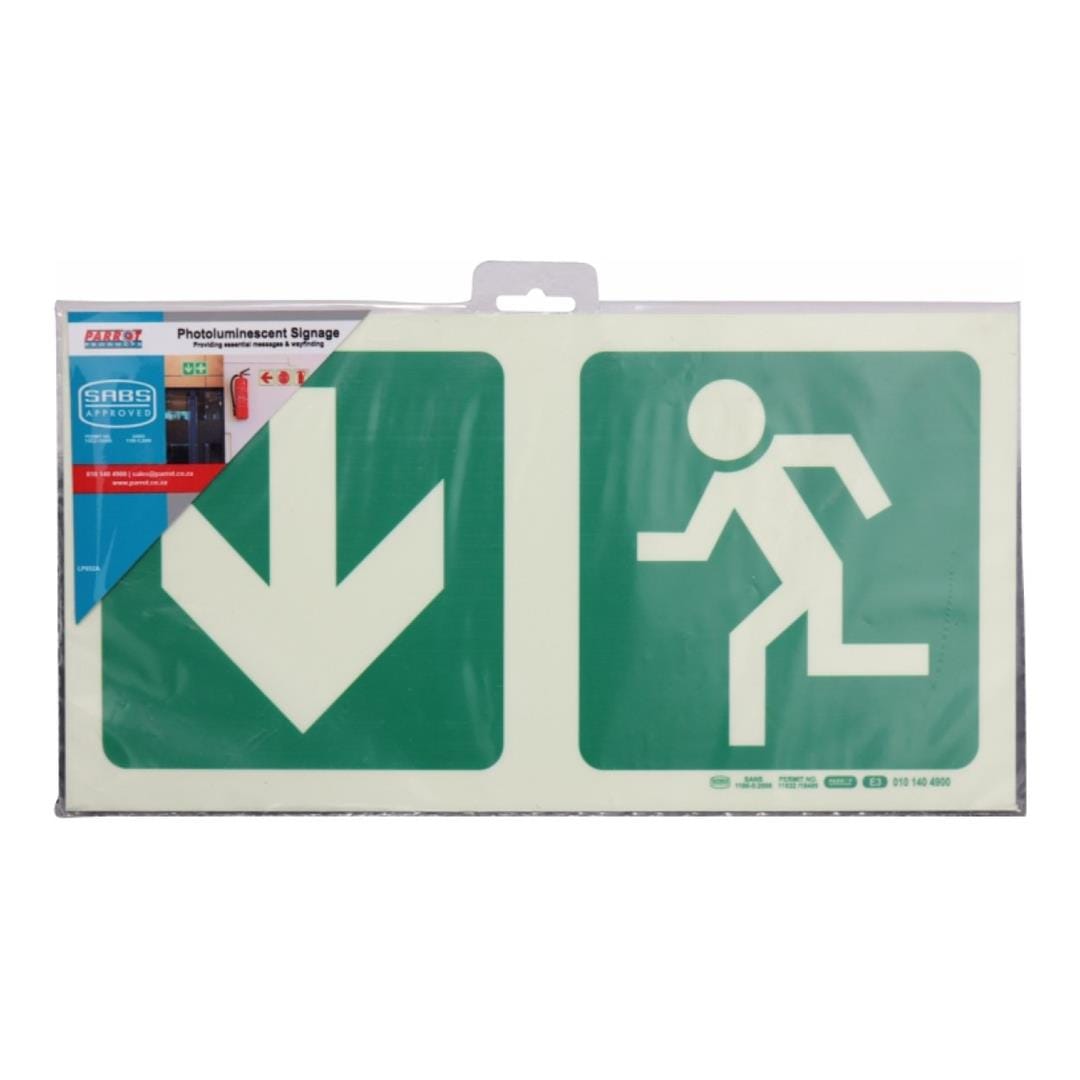 Parrot Photoluminescent 190mm Safety Sign E3 Arrow Down and Running Man SNP19E3