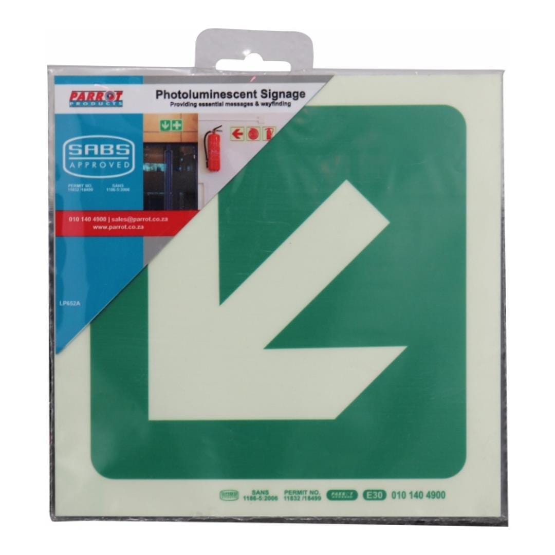 Parrot Photoluminescent 190mm Safety Sign E30 Diagonal Arrow Down And Left SNP19E30