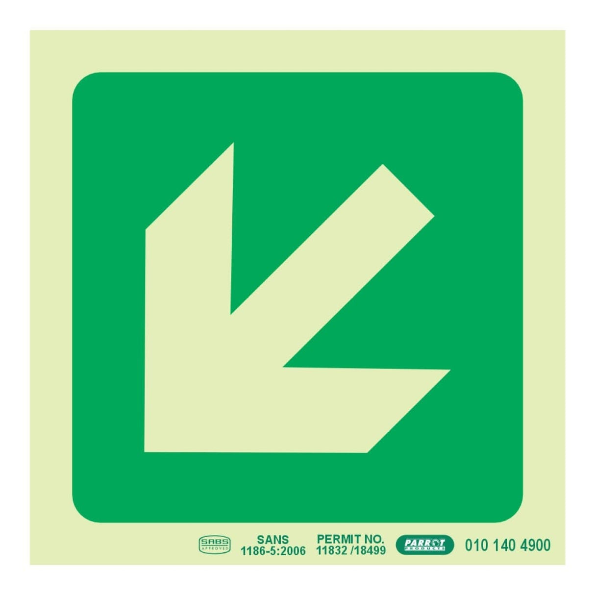 Parrot Photoluminescent 190mm Safety Sign E30 Diagonal Arrow Down And Left SNP19E30